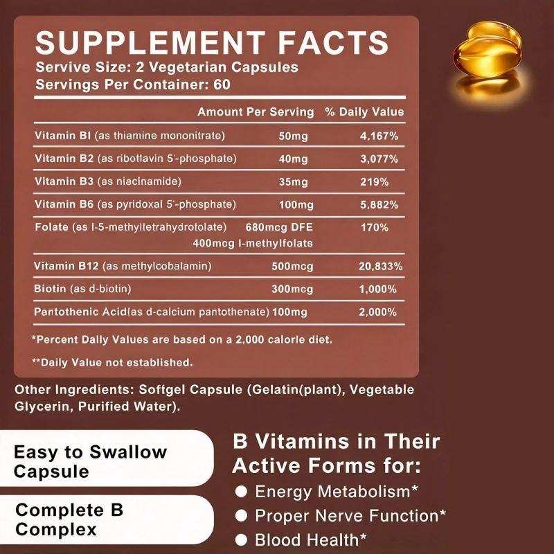 NATUSTHY 8-in-1 Complete B-Complex for Energy, Brain Nerve, Cellular, Immune System, Skin Health