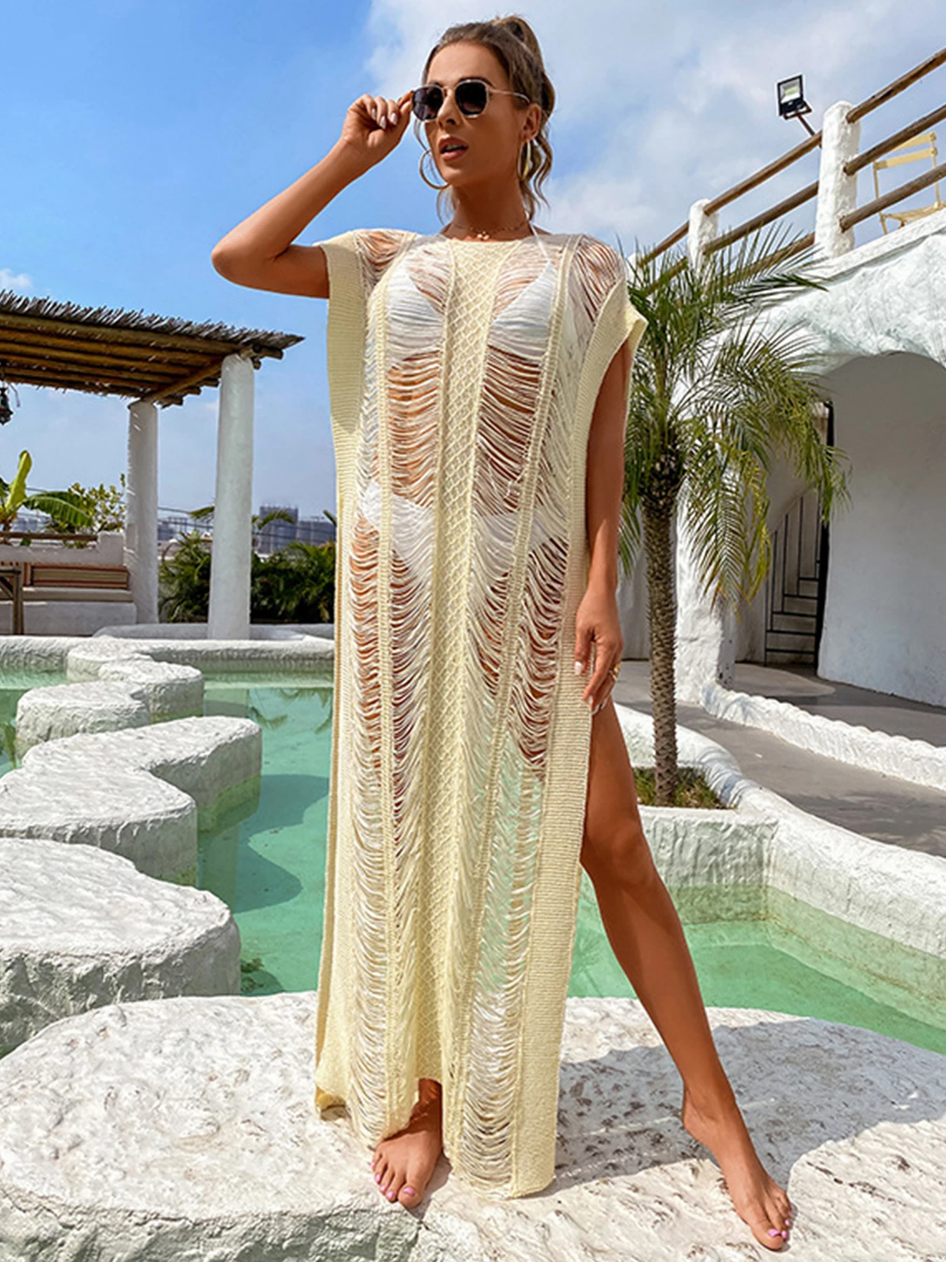 Solid Sexy Side Split Crochet Hollow Out Beach Cover Up Women Bikini Cover Up Long Dress 2025 Summer Beach Dress Lady Beachwear