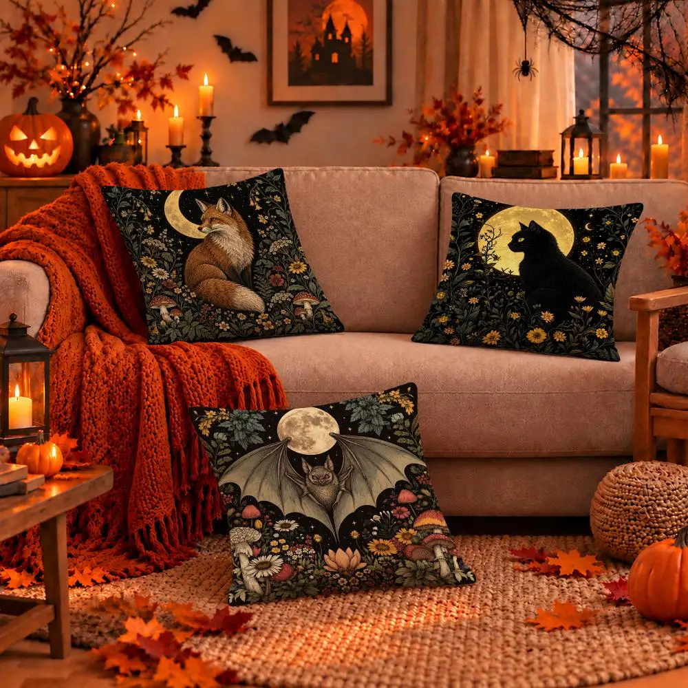 Art Halloween Midnight Moonlit Forest Cushion Cover Dark Gothic Plush Pillow Covers for Sofa Bedroom Home Decor