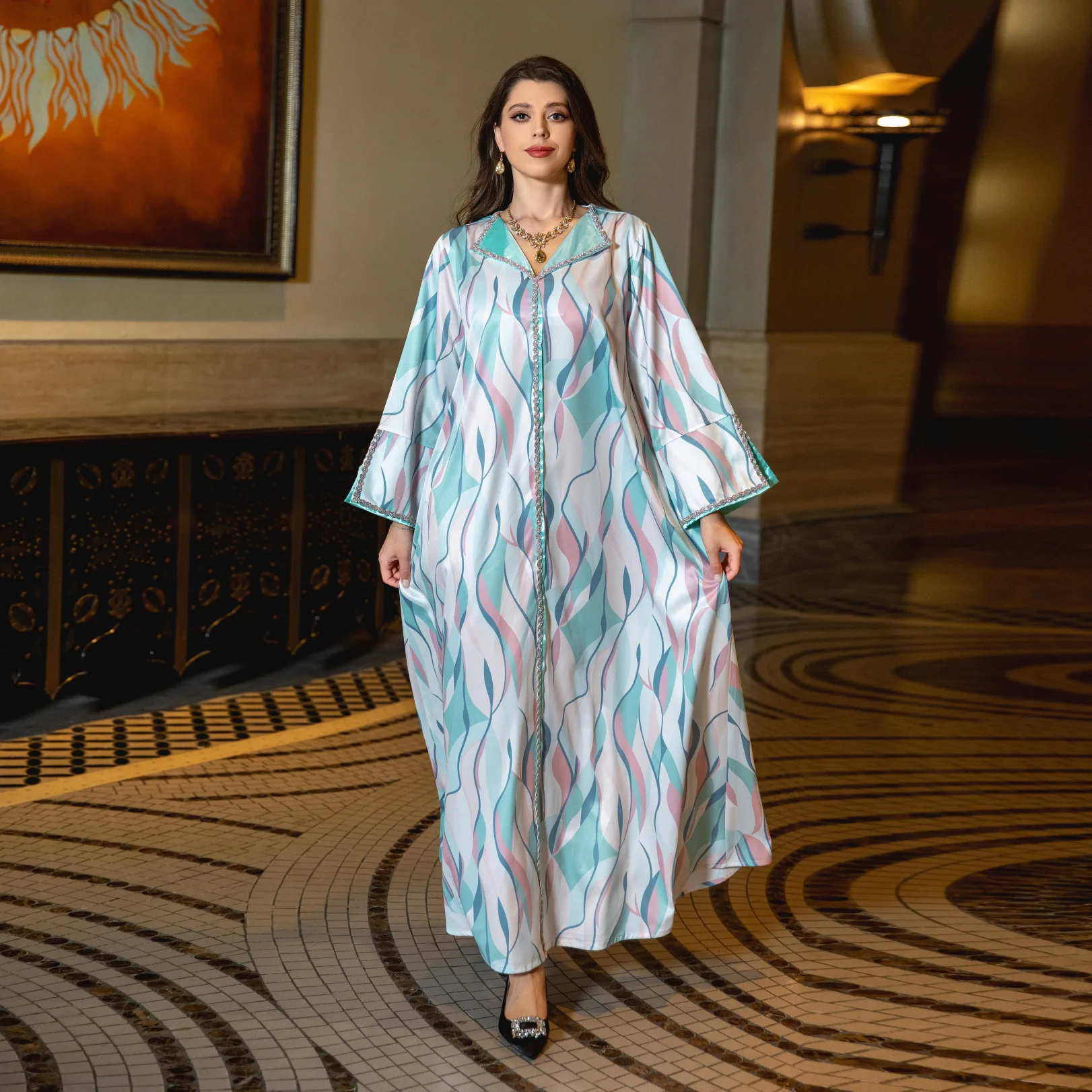 Uni Moroccan Abaya Fashion Chic Printing Diamonds Full Sleeve V-Neck Elegant Casual Muslim Long Dresses Women