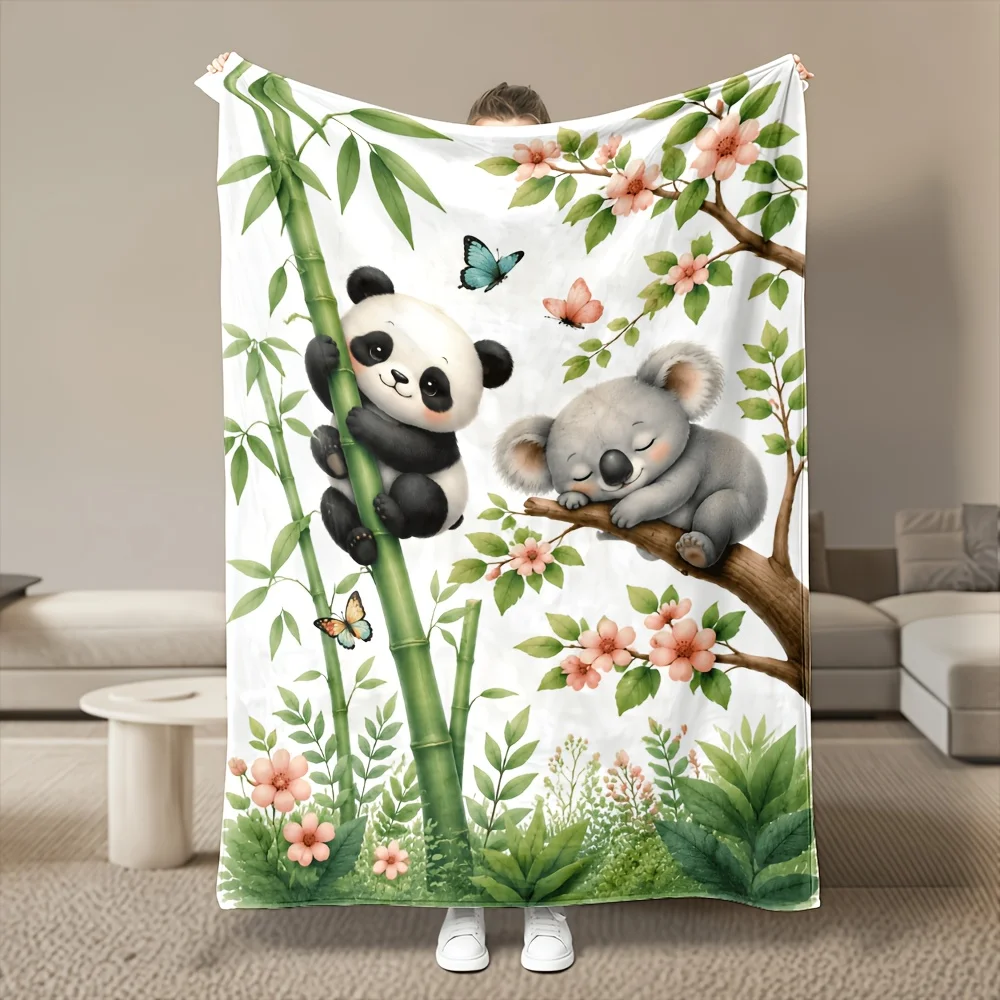 1pc Premium Cute Panda And Sleeping Koala Flannel Blanket, Ultra Soft Warm And Cozy, All-Season, 280GSM Heavy, Machine Washable, for Bedroom, Sofa, Bed, Bedding Items, Office Nap, Dorm And Car, Cozy Winter Throw, Ideal Gift Choice