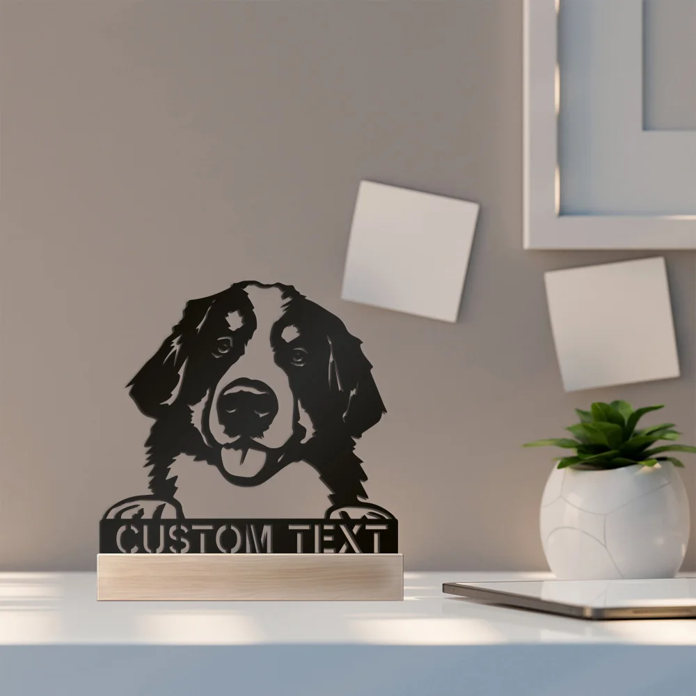 1 szt. Abstrakcyjny mops, metalowa statuetka z możliwością personalizacji tekstu, metalowa ozdoba z drewnianą podstawą, metalowa rzeźba z drewnianą podstawą, rękodzieło artystyczne z drewnem.