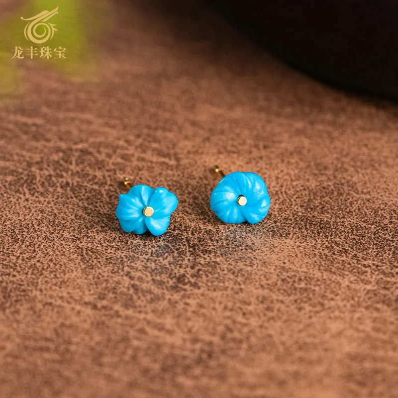 Rose Flower Earrings Silver Plated 18K Gold Natural High Porcelain Turquoise Single Bead Style Women