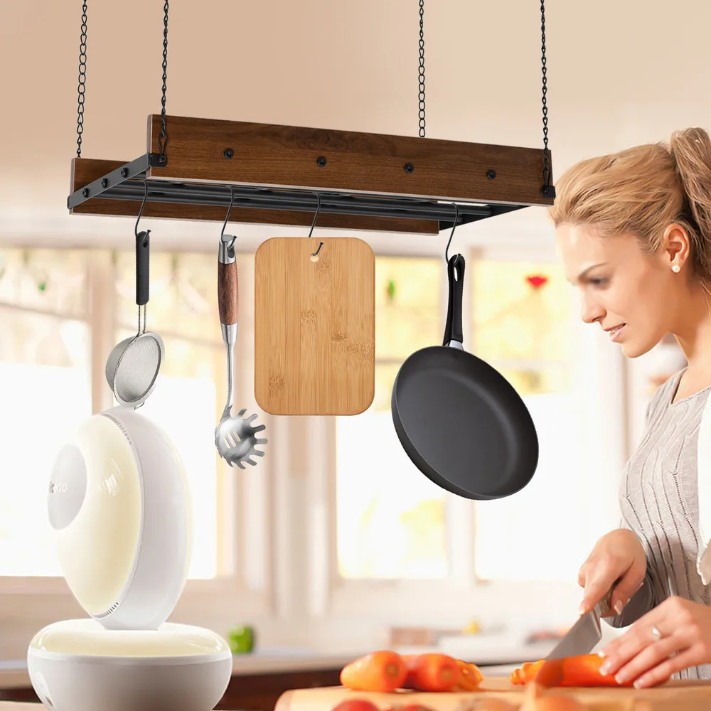 

Bymaocar Kitchen Hanging Pot Pan Holder Hanger Iron Rack Ceiling Mount Cookware Organizer Storage Shelf Adjustable Spring Clips