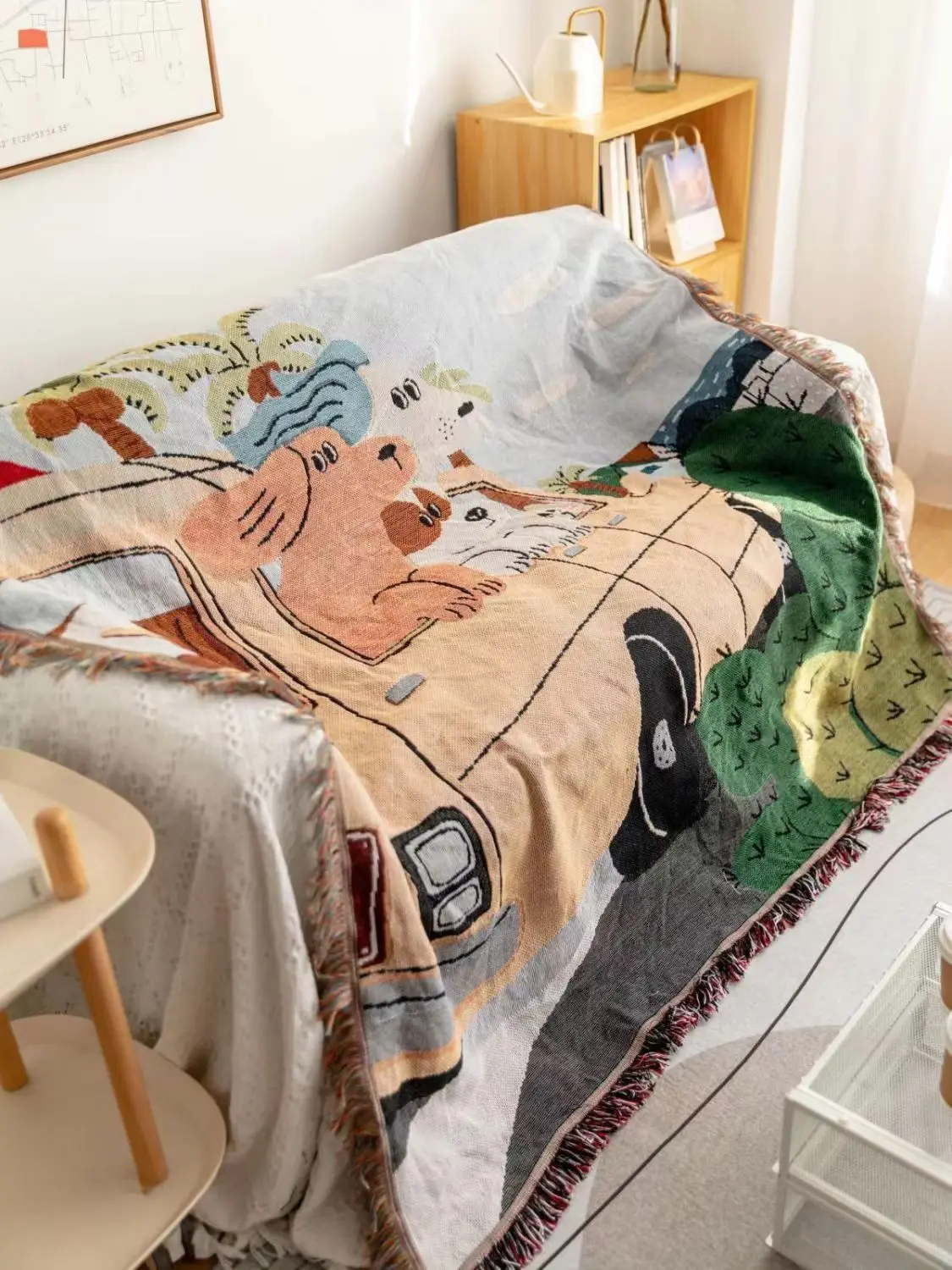 Cartoon Sofa Cover Double Use Beds Blanekets Throw Blanket Picnic Mat With Tassel Sofa Bed Universal Decorative