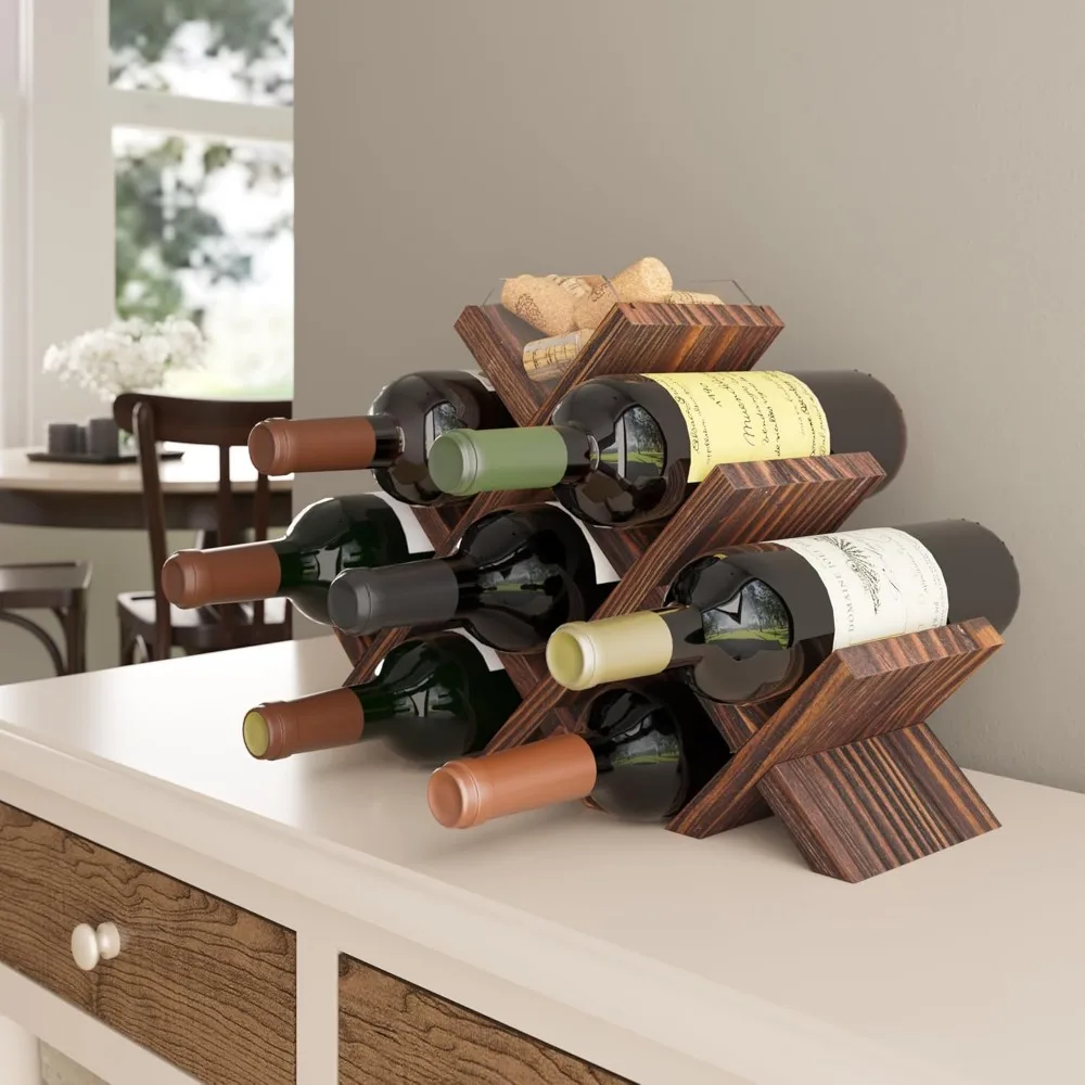 Rustic Wood Wine Rack for 8 Bottles with Cork Storage, Freestanding Tabletop Organizer in Walnut Finish