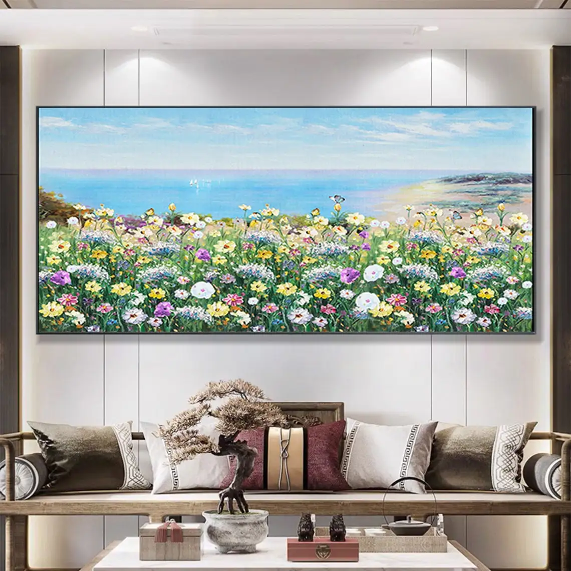 Abstract Blossom Floral Oil Painting Handmade on Canvas Large Colorful Daisy Flower Bush Beach Big Painting Living Room Wall Art