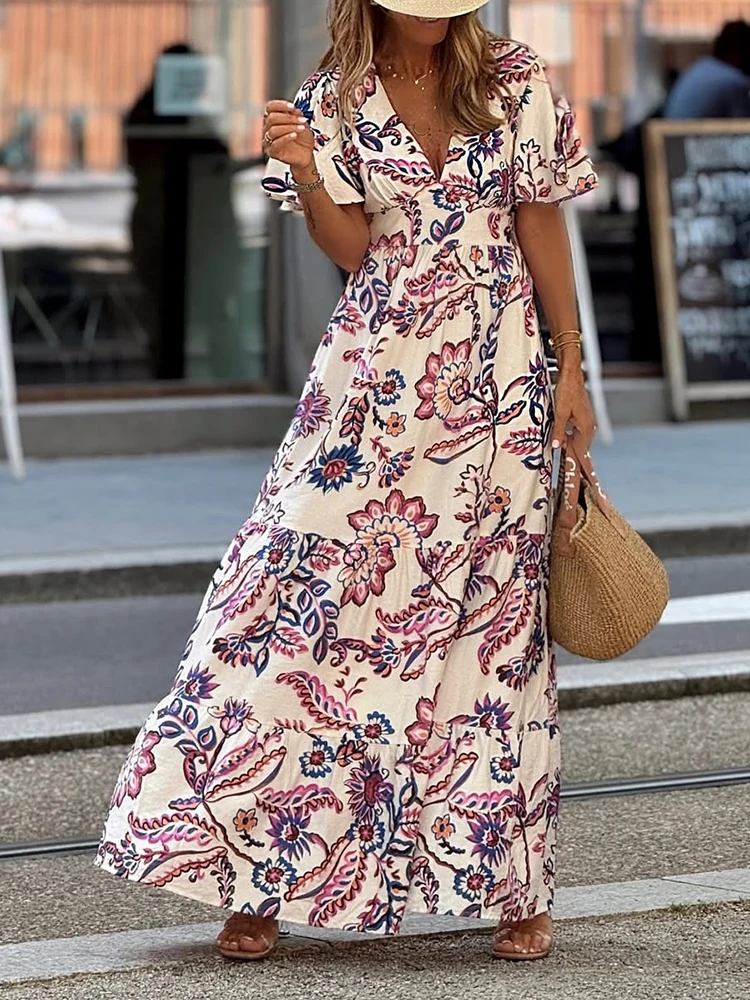 

Summer Women's Short sleeved Casual Style Polyester Material 2025 New Fashion V-neck Waist Printed Ruffle Edge Dress