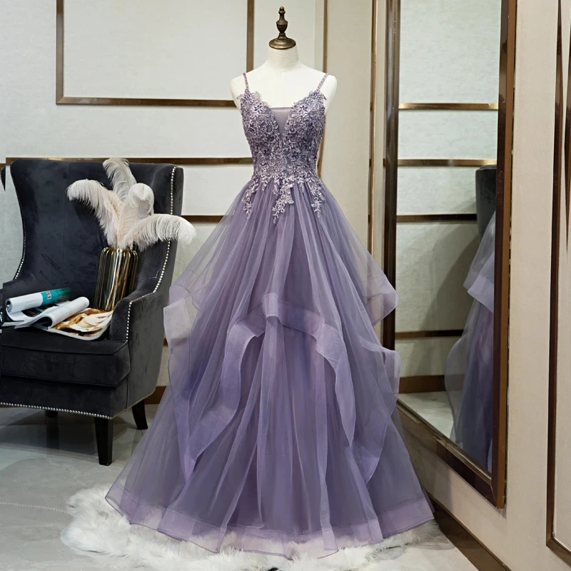 

Evening Dress New Purple Tulle Appliques Beading Spaghetti Strap Lace up A-line Floor Length Plus size Women Party Formal Gown