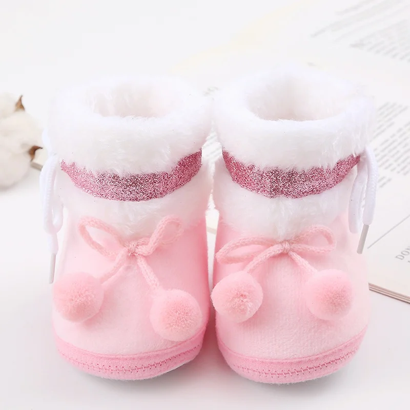 Baby Autumn Winter Boots Baby Girl Boys Winter Warm Shoes Solid Fashion Toddler Fuzzy Balls First Walkers Kid Shoes 0-18M