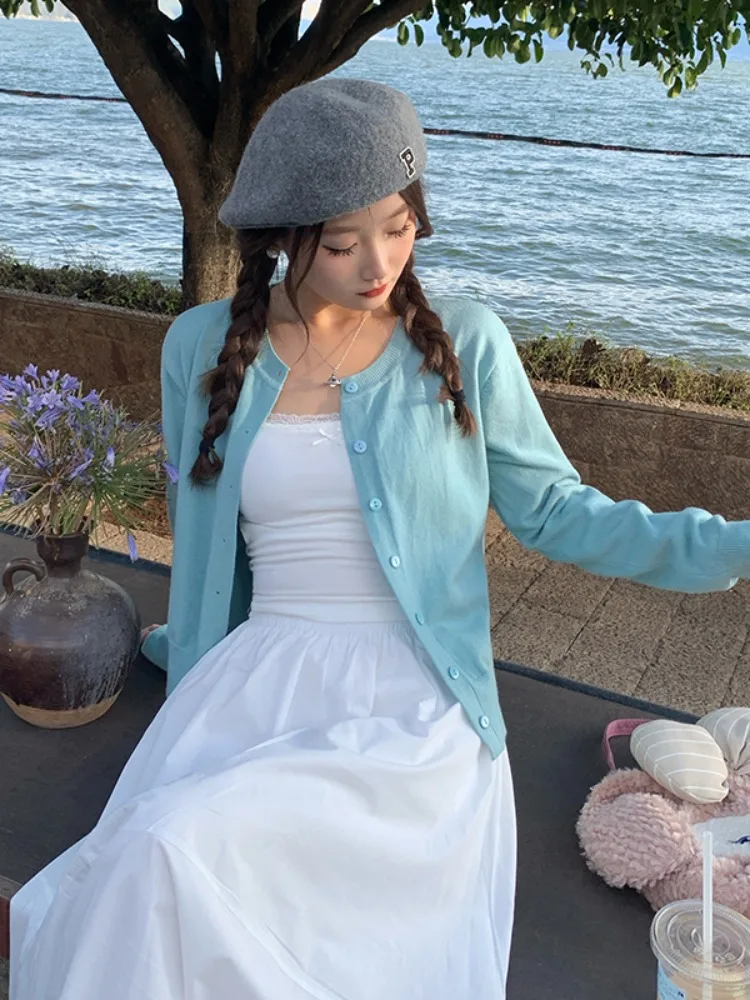 

Dopne Yellow Knitted Open Cardigan Women's Summer New Sle Top Coat Small Size Sweater Comfortable Fit Long Sve Crew Ne