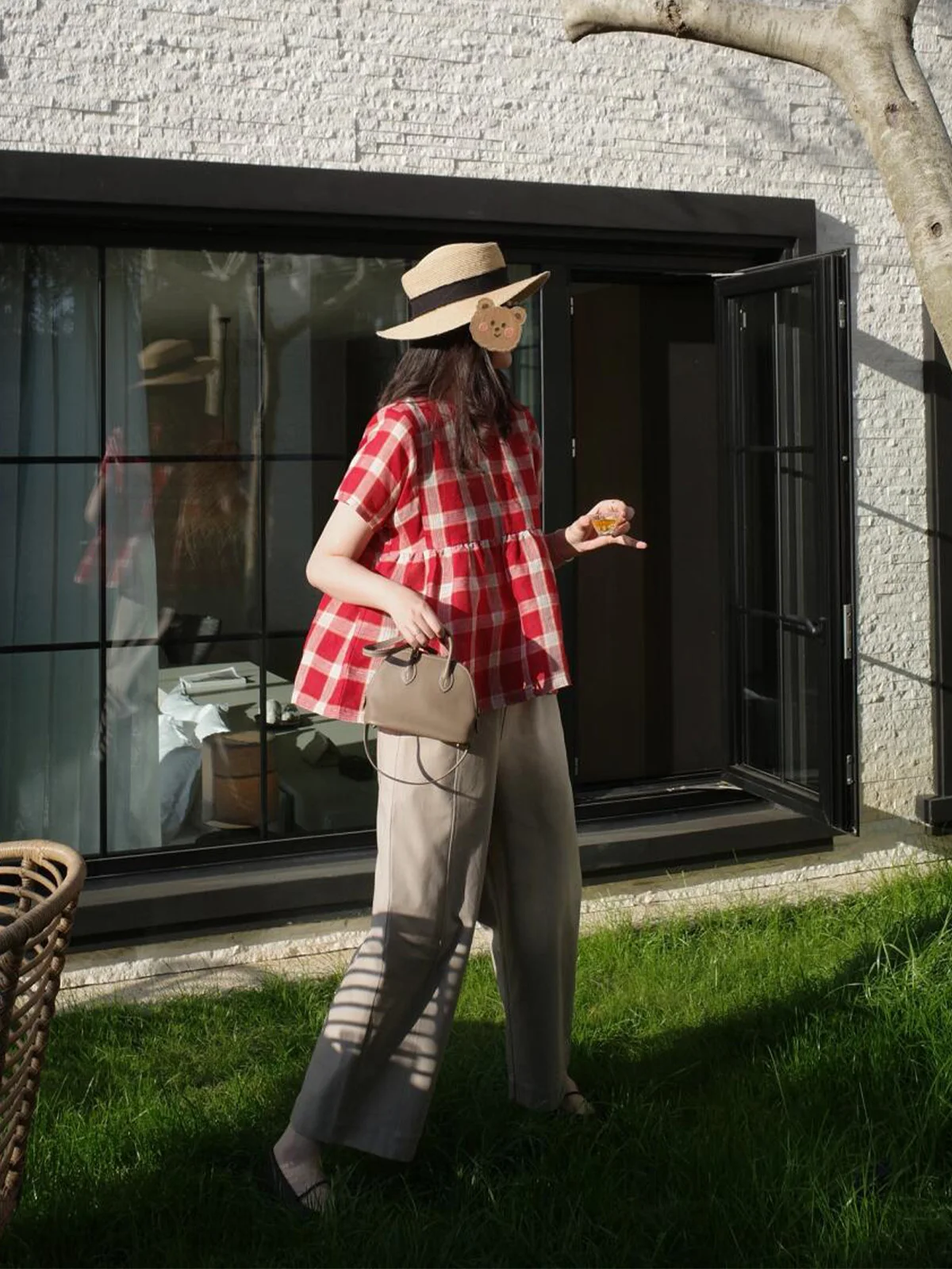 

DesiGar Dopane Red Plaid Cotton Linen irt Women's Loose ort Sve Doll Top Winter Casual Sle round Ne Mid-Length