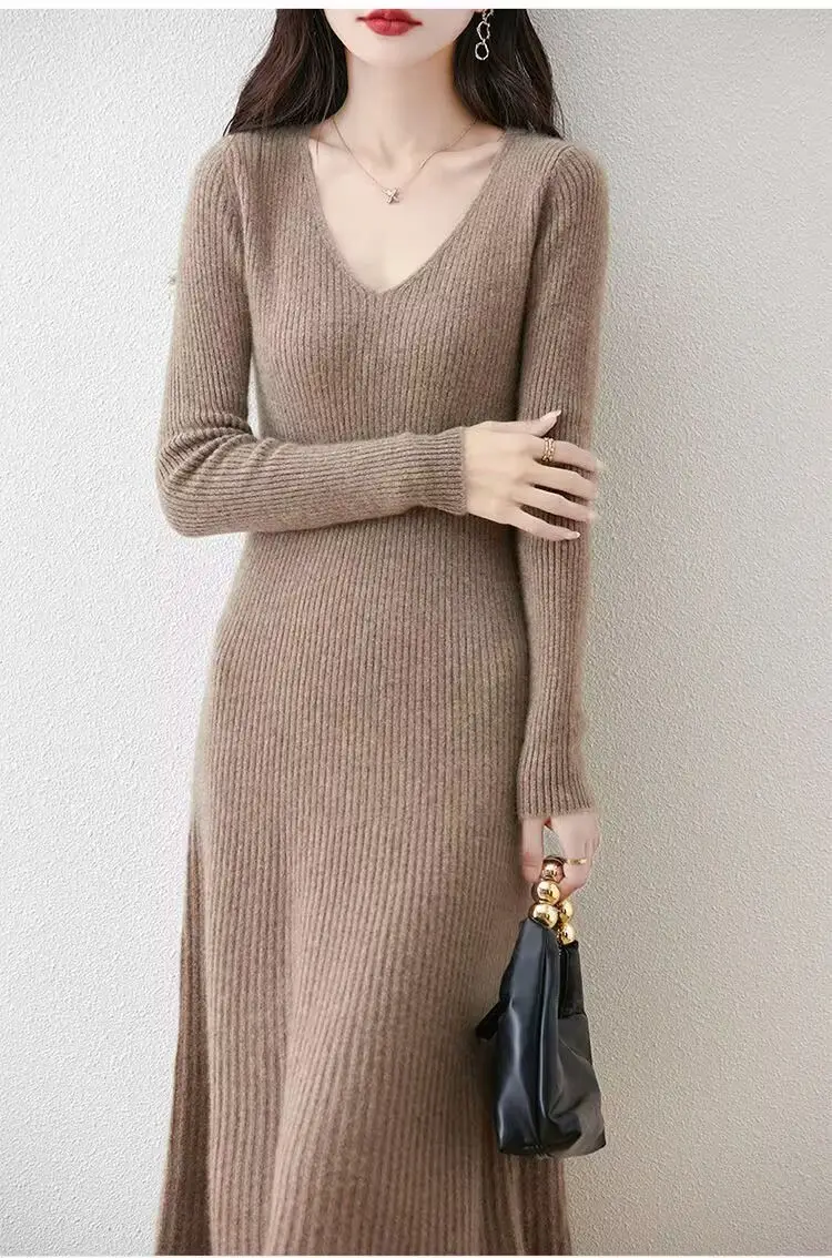Vestido de punto con cuello en V para mujer, longitud media hasta la pantorrilla, estilo tubo ajustado, ropa de oficina elegante, diseño de jersey de manga larga para Otoño e Invierno