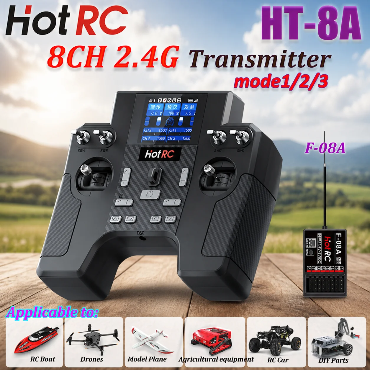 Hotrc HT-8A 2.4G 8CH Transmitter HT8A Long Range Remote Control with F-08A Receiver for RC Helicopter Aircraft Car Tank Robot