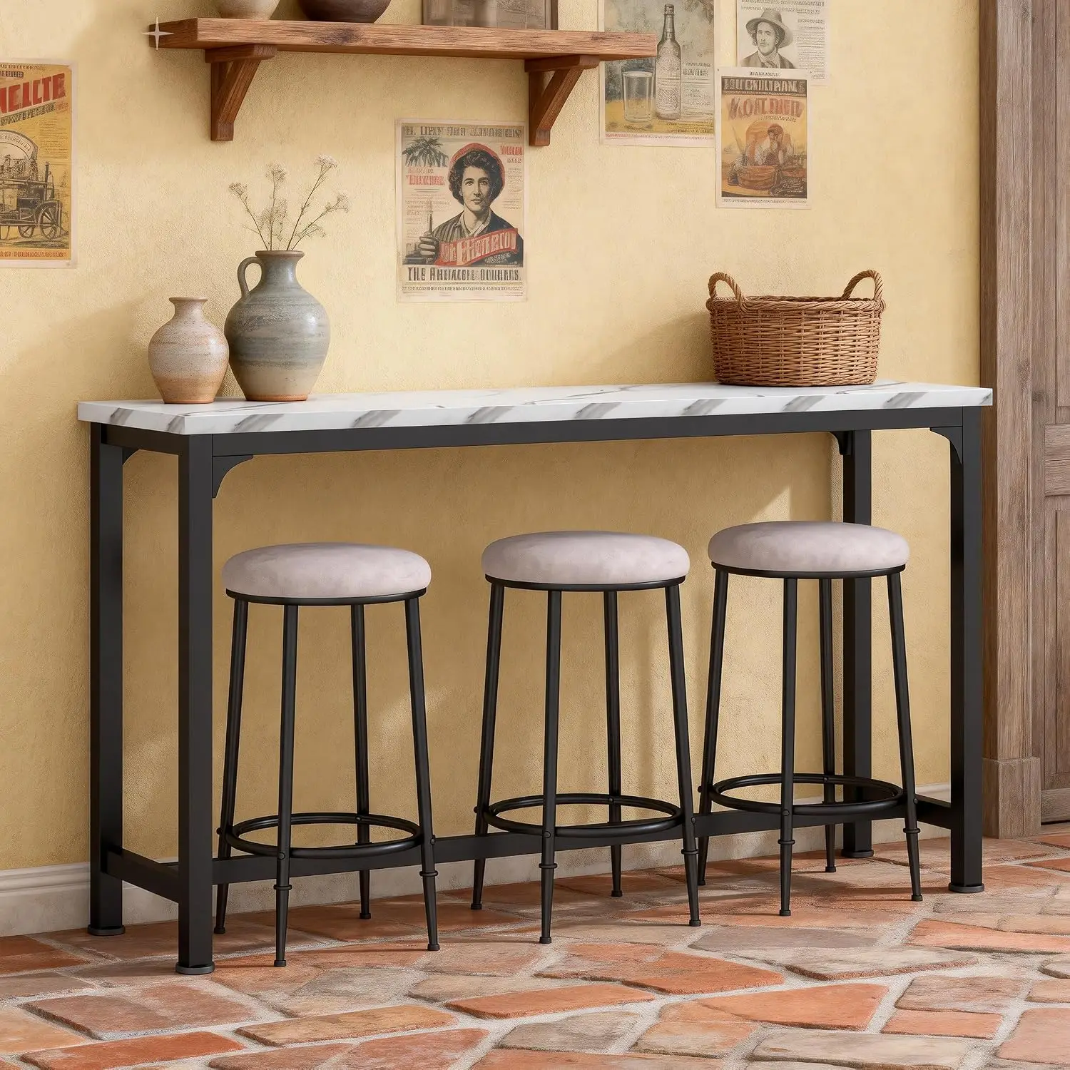 Bar Table Set for 3, 4 Piece Console Table with 3 Stools, Counter Height Kitchen Table Set with 3 Chairs for Breakfast Nook, Liv view 4