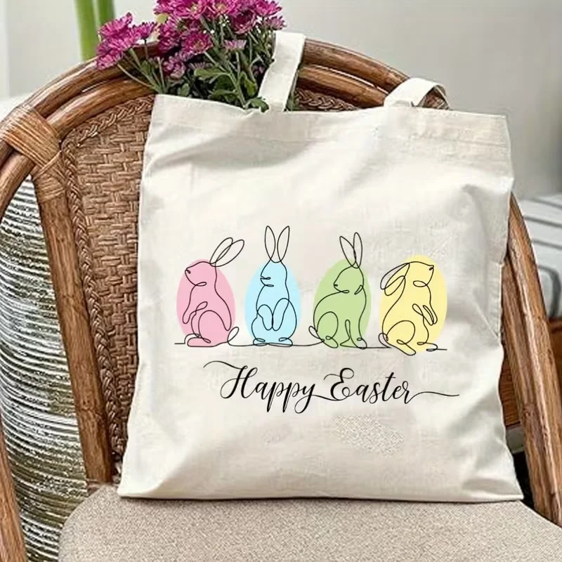 

Cute Cartoon Rabbit Tote Bag Foldable Canvas Shopping Bag Boutique Portable Handbag Easter Egg Rabbit Shoulder Bag