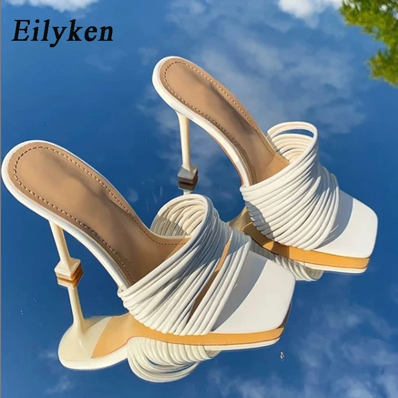 Eilyken Design Narrow Band Square Toe Womens Slipper Sandals Summer Sexy High Heel Ladies Mules Slides Shoes Zapatos De Mujer