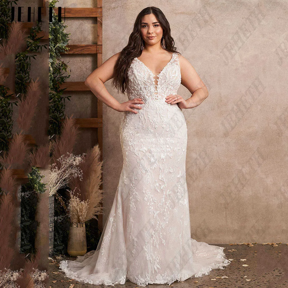 JEHETH Civil Wedding Dress For Bride Mermaid Sleeveless V-Neck Backless Bridal Gowns Exquisite Plus Size Applique Robe De Mariee