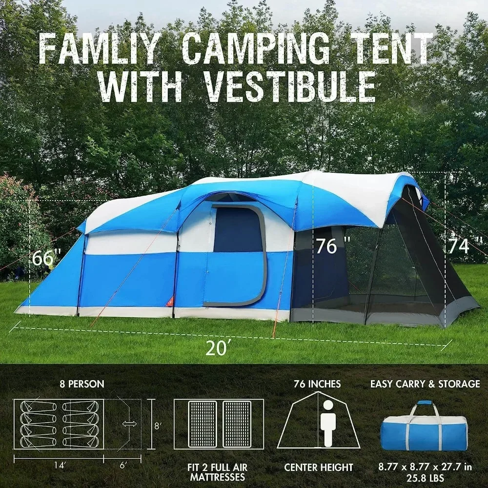 8 Person Camping Tent with Screen Room, Water Resistant Big Tunnel Tents with Rainfly, Camping Tent