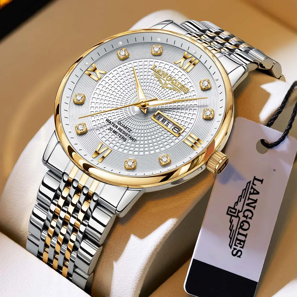 LANGQIES New Authentic Men's Watch Stainless Steel Bracelet Fake Mechanical Movement Waterproof Calendar Men's Wristwatch