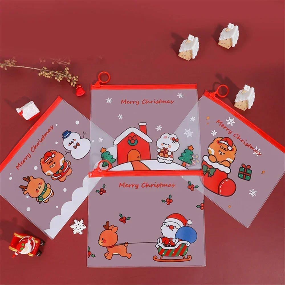 4 Pcs Christmas Transparent File Bag Waterproof Pen Bag Kawaii Santa Claus File Folders Large Capacity Documents Bags