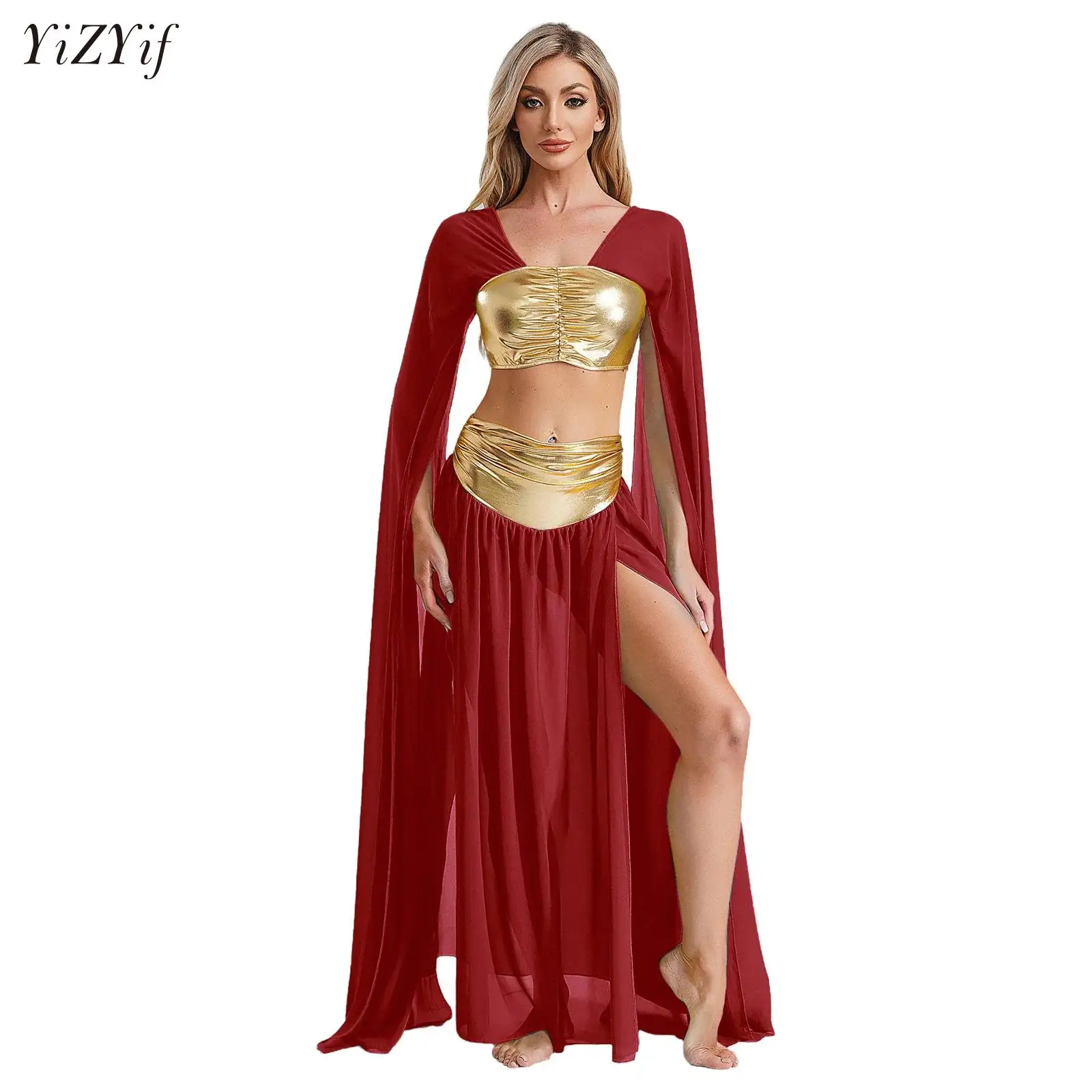 

Womens Ancient Rome Egyptian Cleopatra Cosplay Costume Crop Top And Split Chiffon Greek Athena Dress Up Dance Performance Outfit