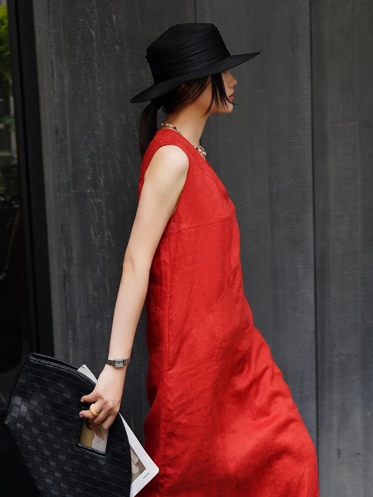 Boho Angora Czerwona Lniana Kamizelka z Dekoltem w Serek Damska Letnia Elegancka Wycięta Wyszczuplająca Kamizelka do Chodzenia na Zewnątrz