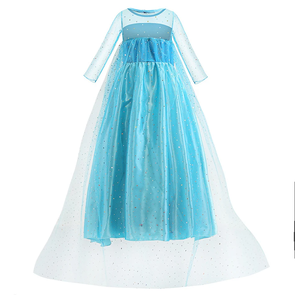 Elsa Prinzessinnenkleid für Mädchen mit glitzerndem Tüllumhang, transparenten langen Ärmeln und Strasssteinen, Kinderkostüm für Halloween, Geburtstagsfeier, 3-10 Jahre – Detail 3