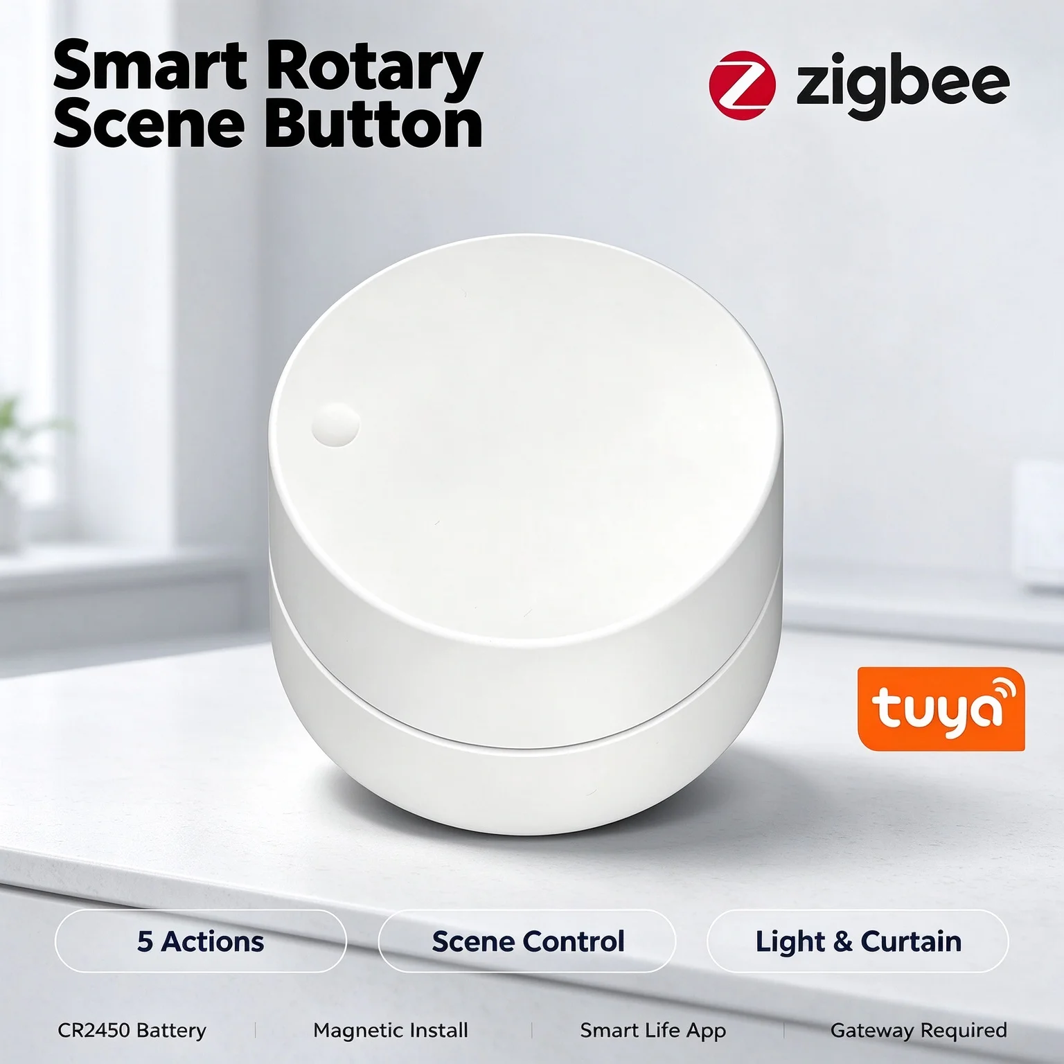 Tuya ZigBee Rotary Scene Switch 5 Actions CR2450 Magnetic Mount Smart Controller Works with Smart Life App Gateway Required