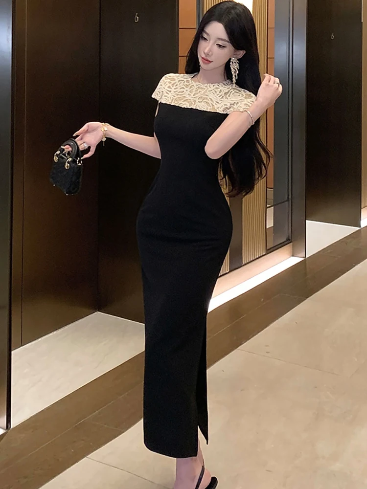 2025 preto retalhos branco jacquard lantejoulas vestido longo feminino coreano vintage vestido de uma peça verão elegante bodycon vestido de noite