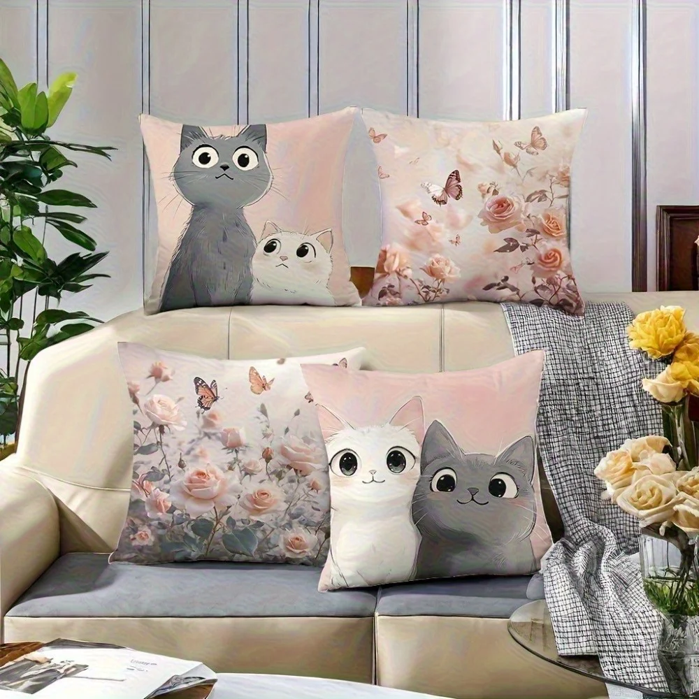 Cat, rose and butterfly pattern Single-sided printing Short plush Suitable living rooms bedrooms sofas (excluding pillow cores)