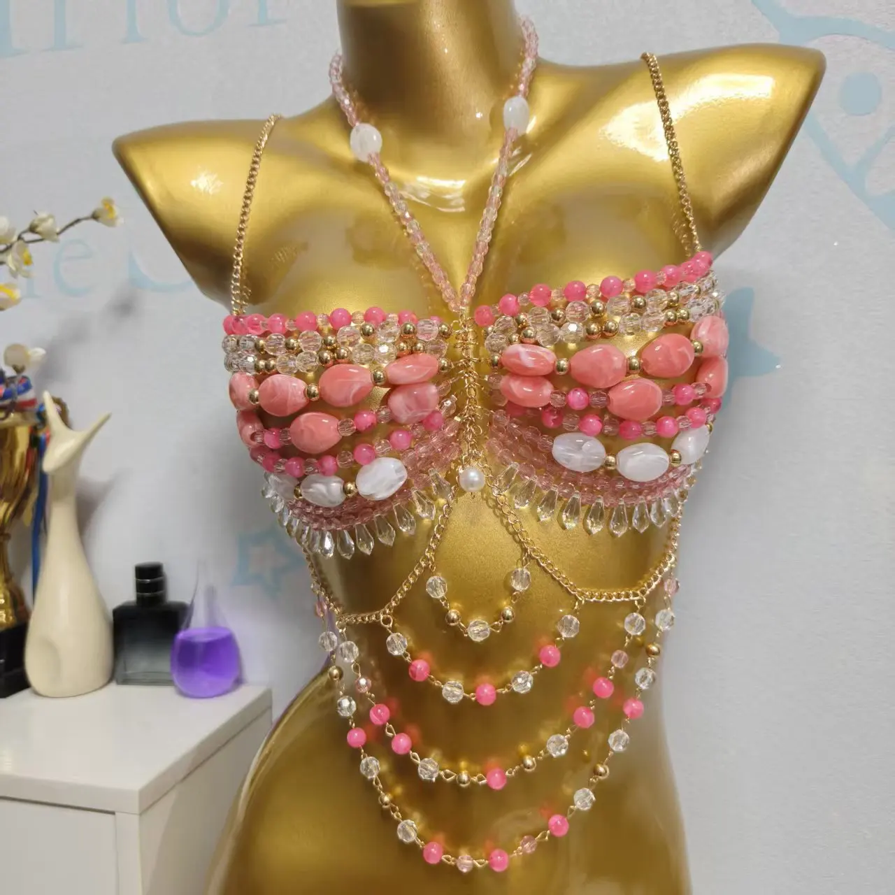 New Acrylic Handmade Bead Chest Chain Hollow Camisole Vest For Women'S Beach Party Sexy Multi-Layer Bead Decoration