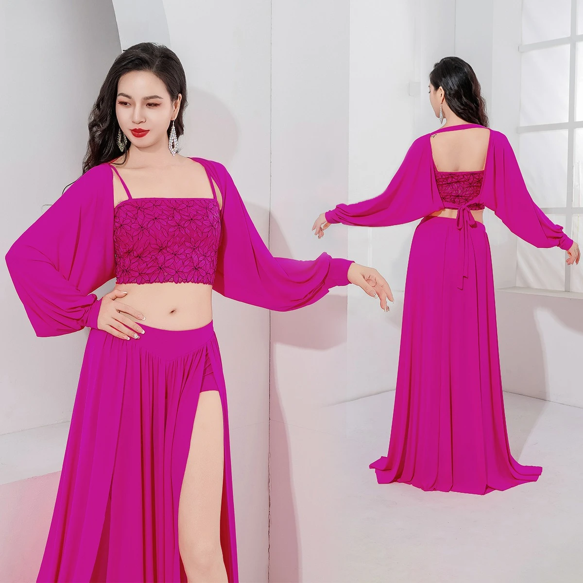 Dance Skim Belly Practice Clothes for Women's Sexy Lace Mesh Long Skirt 3pcs Girls Belly Dancer Performance Costume Suit