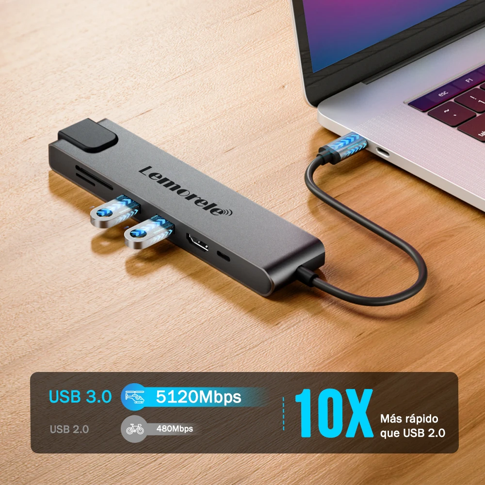 Lemorele USB C Docking Station 7-em-1 Link 4K 30Hz HDMI Display HUB PD100W Gigabit RJ45 SD e TF para PC Laptop TV Projetor Tablet