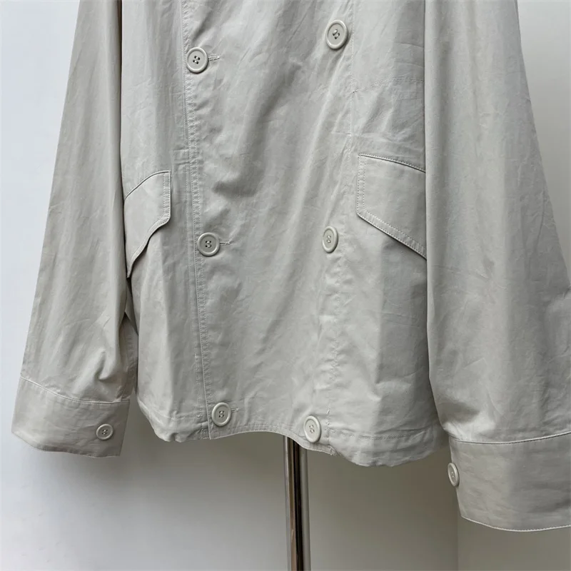 سترة نسائية جديدة لخريف 2025 مزدوجة الصدر بقصة ضيقة وطية صدر وأكمام طويلة معطف نسائي من القطن الخالص عالي الجودة ملابس خارجية