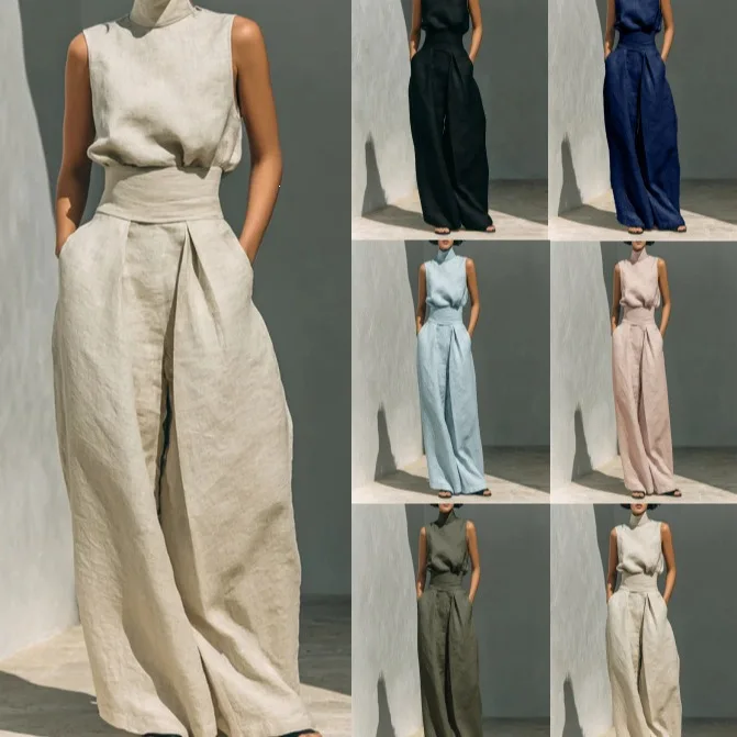 

Spring Summer 2026 Casual Cotton Linen Women's Set Independent Station Cross-Border No Sleeve Long Pants Leisure Suit