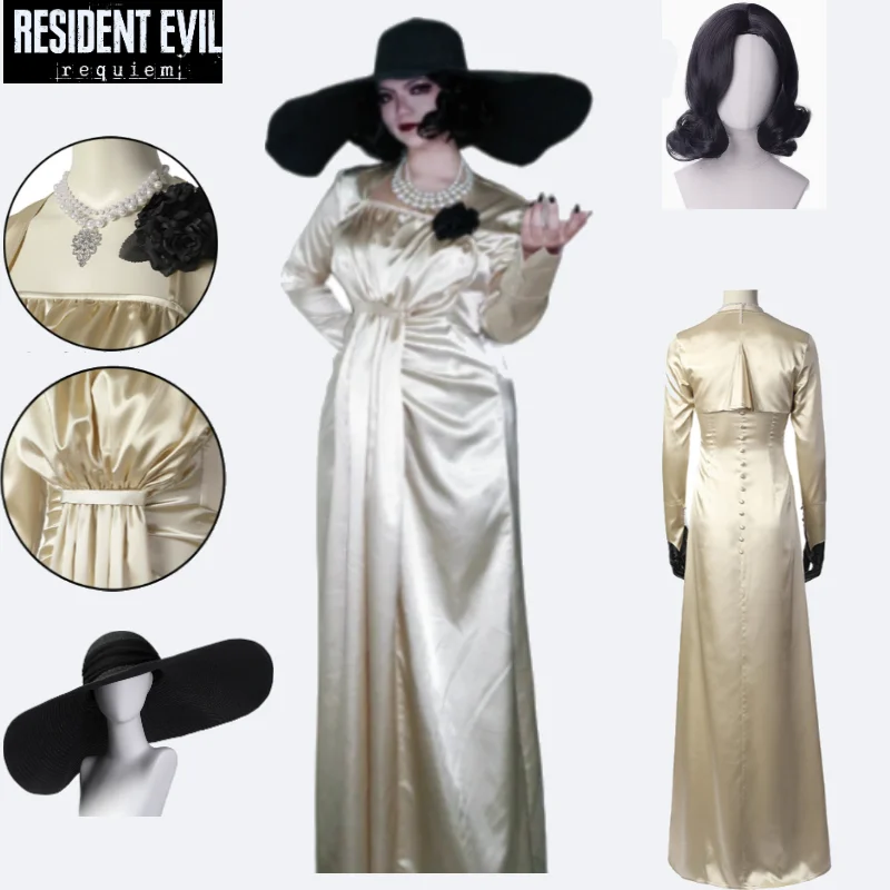 

Resident Evil 9 Lady Dimitrescu Cosplay Costume Game Accurate Alcina Dimitrescu Outfit Wig Hat Props Full Set Halloween Cos