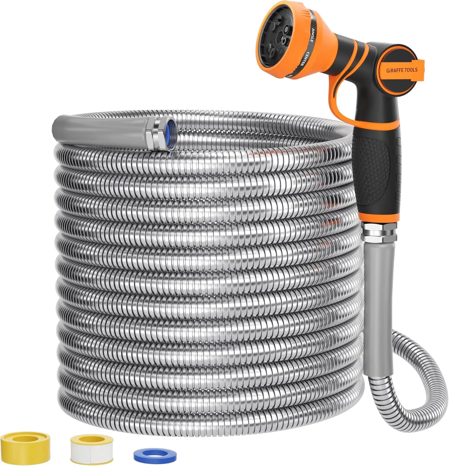 

100ft x 3/4" Stainless Steel Garden Hose, No Kink Metal Water Hose with 9-Pattern Spray Nozzle, Flexible & Lightweight for Yard