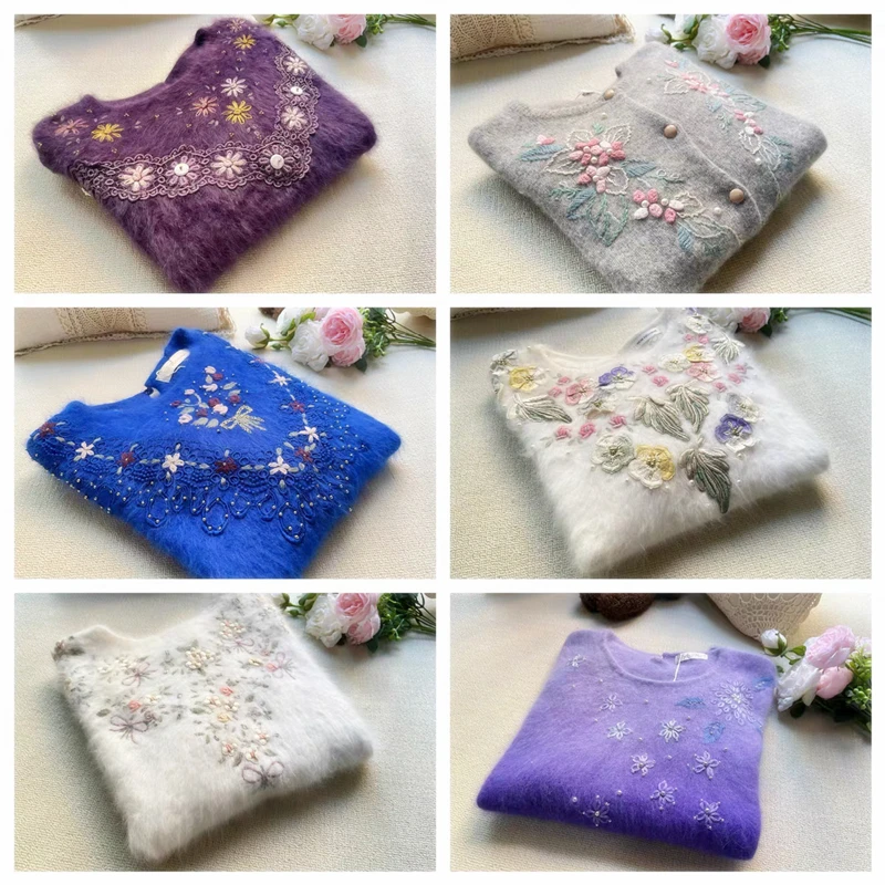 

Женский осенне-зимний винтажный пуловер с вышивкой из бисера, вязаный крючком из ангорской кроличьей шерсти, свободный пуловер с отложным воротником, свитер