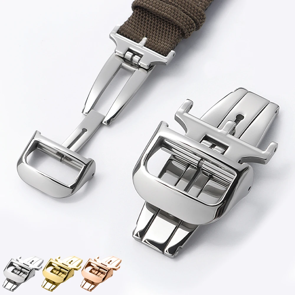18 mm Faltschließe mit Schmetterlingsschnalle für Jaeger-Uhrenverschlüssen für Silikon-Rindslederarmband, Faltschließe aus silbernem Roségold und Stahl