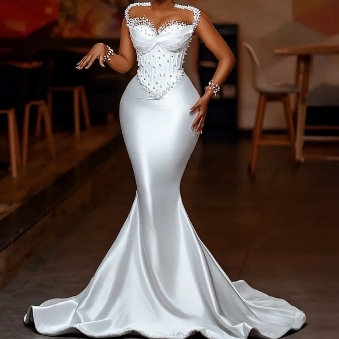

Long Sleeves Wedding Reception Dress African Women Bridal Gowns Pearls Mermaid Wedding Dresses With Illusion Customized