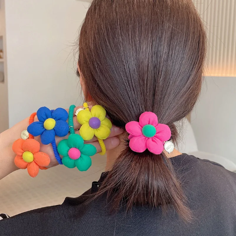 1Pcs Cute Solid Color Flower Elastic Hair Band Cartoon Floral Hair Tie For Girls Hair Rope Hair Accessories