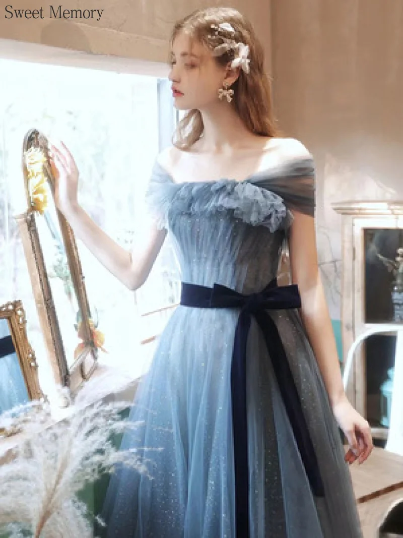 Sweet Memory Grey Blue Celebrity Dresses Tulle Mesh Net Lace Up Perform Princess Dress Floor Length Formal Evening Gown