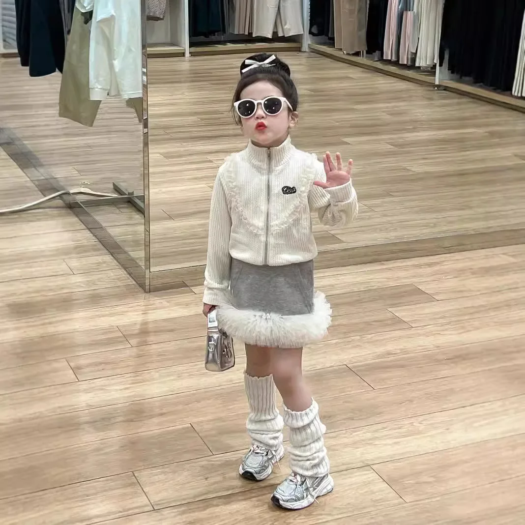 

2025 Autumn Girls Sweet Lace Chunky Zip Jacket Jacket Gray Round Yarn Tutu Skirt Fashion Casual Baby Girl
