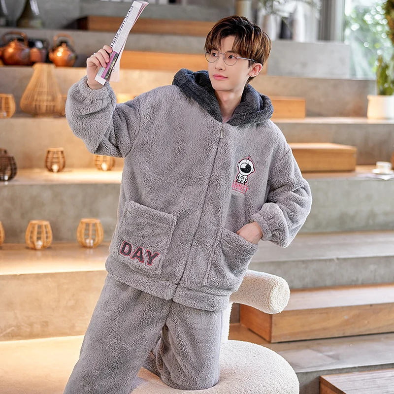 DAIMELU long sleeved pajamas men's winter coral fleece thermal hooded zipper winter nightwear loungewear student sleepwear set