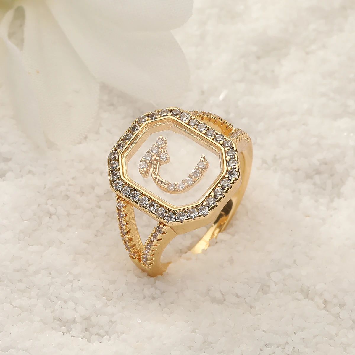 2022 New Design Women\'s Fashion Ring Simple Zircon Arabic Letters Glass Square Design Ring Arabian Style Party Jewelry Accessory