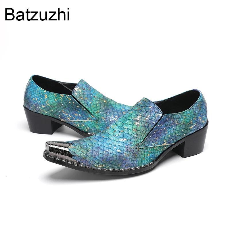 

Batzuzhi Fashion 6.5cm Heels Leather Dress Shoes Men Pointed Metal Toe Slip on Blue Formal Business, Party and Wedding Footwear!