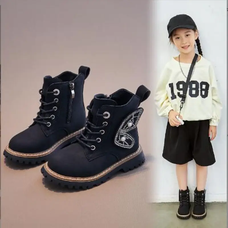 Girls' British short boots internet famous children's boots Autumn Winter princess fashion butterfly wings stylish single boots