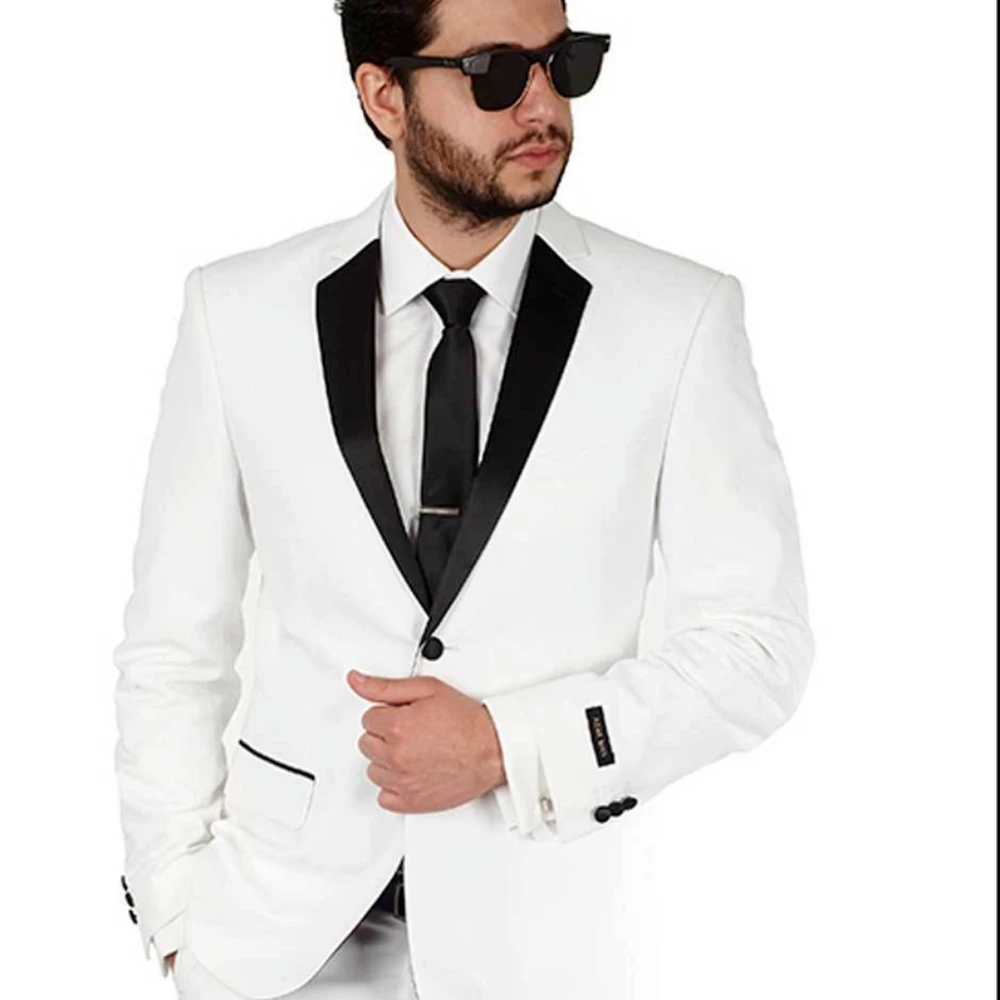 

White slim business casual 2-piece suit with black notched lapel groom wedding Tailcoat formal men's party suit (jacket+trousers