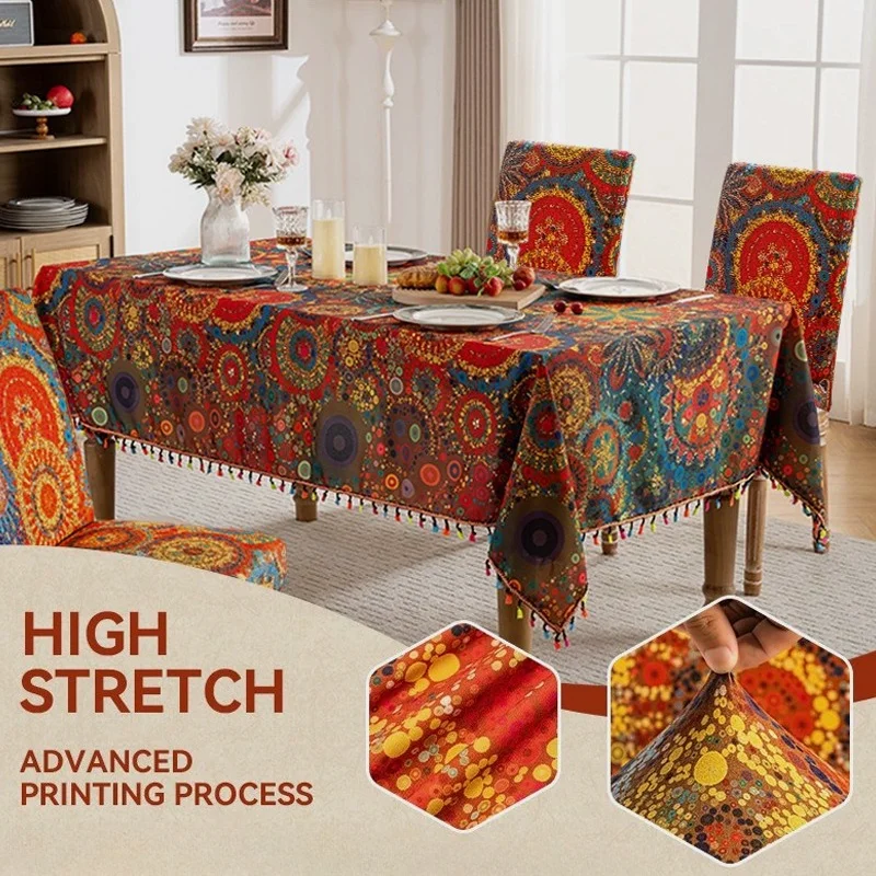 

Bohemian Floral Tablecloth Waterproof with Tassel Edge Rectangular Dustproof Table Cloth for Indoor Picnic Dining Party Decor